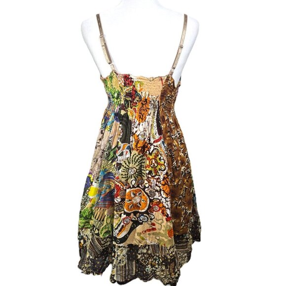 Vintage No Boundaries 90s Y2K Brown Green Floral Patchwork Strappy Sun Dress - Picture 5 of 7
